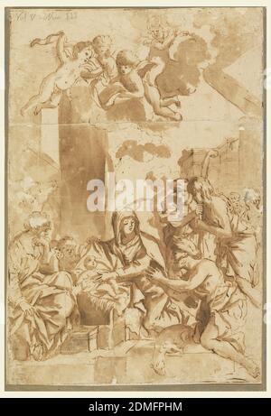 Adoration of the Shepherds, Pen and brown ink, brush and wash on cream laid paper, Virgin touches Child with left hand as figures look on. Shepherds visible on right, with cherubim overhead flying in the clouds. Architectural background at right., Italy, 18th century, figures, Drawing
