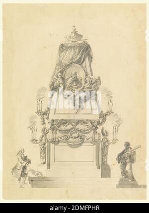 Catafalque for a king, Carlo Marchionni, Italian, 1702–1786, Graphite, black chalk, brush and gray wash on laid paper, In the shape of an obelisk without point. Three steps lead to a base with candle brackets, the front intended for an inscription. The obelisk is connected with the base by a part with winged skulls supporting festoons. On top, a crown and mace upon a cushion, above a cloth, covering the upper part of the obelisk. In front are a winged woman and a putto supporting a medallion with the image of the king. Upon the steps, at left, a gentleman with a dog, at right a cleric Stock Photo