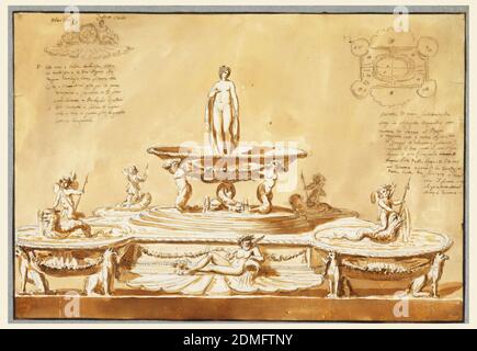 Inkstand, Giuseppe Barberi, Italian, 1746–1809, Pen and brown ink, brush and brown wash, graphite on off-white laid paper, Intended to be executed in silver. Shown from above. The plan is in the upper right corner. The scheme is that of a fountain with an oblong basin with circular, obliquely disposed bowls at the corners. Three sitting griffins support each of the three bowls which the support the fountain. In front of the straight central parts are a stream god lying upon a shell, at the back two wind gods sitting upon a shell and supporting a dial which stands between them. Stock Photo