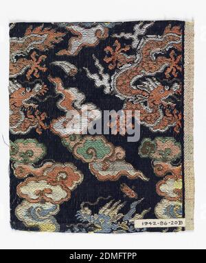 Textile fragments, Medium: silk, paper with applied gold foil Technique: plain compound twill, Navy blue twill ground with woven supplementary weft pattern of large scale dragons and flying clouds in rust, white, yellow, green, and sky blue silk threads with metallic paper threads., Japan, 19th century, woven textiles, Textile fragments Stock Photo