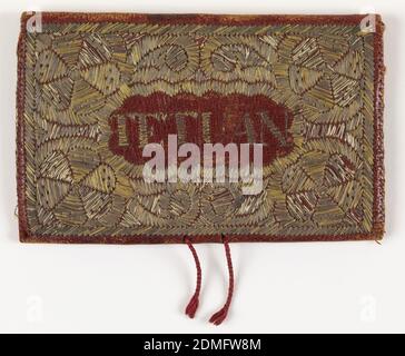 Letter case, Medium: leather, silk, metal thread Technique: embroidered in couching stitches, Envelope-shaped case embroidered in stylized floral design in couched metal-wrapped silk on red leather, with word TETUAN and the date 1753. A piece of leather divides the interior into two pockets. Lined with green silk, with a silk cord for closing., Tetuan, Morocco, 1753, costume & accessories, Letter case Stock Photo