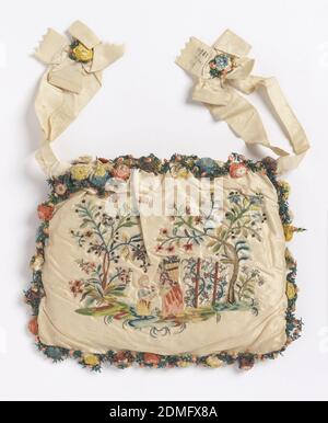 Bag, Medium: silk, metal Technique: stem, running and knot stitches using attached coils of gilt wire and gilt spangles. Trimmed with floral vine made of dyed silks bound to wire., Woman's bag of white taffeta, embroidered in colored silks, metal thread and sequins. On one side, children playing game of 'la main chaude;' on the other, woman offering grapes to a child. Faces painted. Edged with elaborate trimming of silk flowers., France, 1750–1800, costume & accessories, Bag Stock Photo