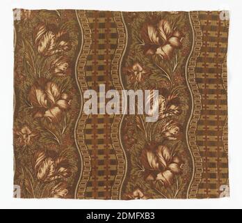 Textile, Medium: cotton Technique: printed with engraved roller on plain weave in three colors, Wavy plaid bands and tulips form vertical stripes in shades of green and brown., USA, 1850–1860, printed, dyed & painted textiles, Textile Stock Photo