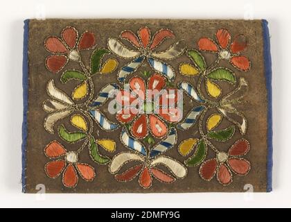 Letter case, Medium: silk, leather, and silver-wrapped silk Technique: satin and stem stitches using dyed silks, couched silver-wrapped silk; worked as a single panel, folded, Leather letter case with embroidered floral design, which is the same on both sides. Edged with blue fabric and embroidery in pink, green, yellow, blue, and white., Spain, 17th century, embroidery & stitching, Letter case Stock Photo