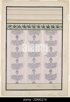 Wallpaper Design, Brush and gouache, graphite on white paper, A dado is shown at the bottom, a frieze with laurel leaves and seeds and an entablature are on top. The panel shows three stripes with bunches of leaves beneath calyxes with palmettes., Austria, 1840–60, wallpaper designs, Drawing Stock Photo