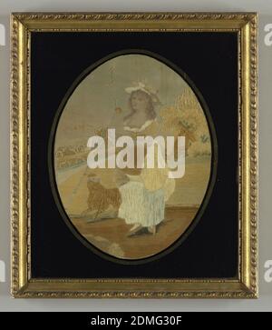 Embroidered picture, Medium: silk embroidery with paint on silk foundation Technique: embroidered in satin, stem, running and knotted stitches on plain weave; hands, face and background are painted, Oval picture of shepherdess carrying crook and basket in a rural landscape with a sheep at her feet. With gold rectangular frame with black eglomisé glass, England, ca. 1800, embroidery & stitching, Embroidered picture Stock Photo
