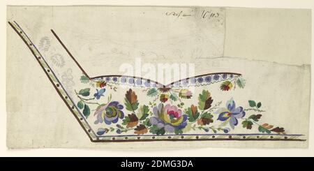 Design for the Embroidery of a Man's Waistcoat, Unfinished, Graphite, brush and gouache on paper, Design for the left bottom corner embroidery of a man's waistcoat. Traced design at the pocket, from which two lacy frills and plants are suspended. Bunch of flowers at the bottom., France, 1780–1800, Drawing Stock Photo