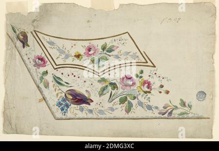 Design for a Waistcoat, Pencil and various gouaches on paper, Design for the embroidery of the left bottom part of a man's waistcoat. The waistoat and the pocket are brown edged. The decoration consists of flower boughs; roses and tulips are included., France, 1780-1790, Drawing Stock Photo