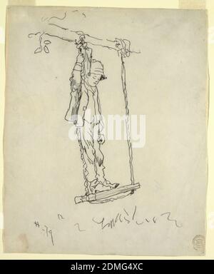 Boy on a Swing, Winslow Homer, American, 1836–1910, Graphite on paper, Vertical view of a boy wearing a hat, standing on the seat of a swing hung from the branch of a tree, and holding with his right hand the rope on his right., USA, 1879, figures, Drawing Stock Photo