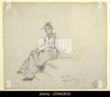 Girl Seated on a Step, Winslow Homer, American, 1836–1910, Graphite on paper, Horizontal view of a young woman seated on a step with her hands clasped over her knees and her head turned to the left, toward sketches., USA, August 20, 1879, figures, Drawing Stock Photo