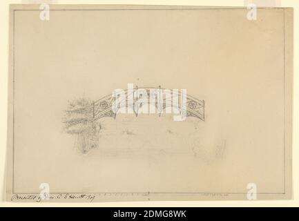 Design for Bridge in Garden Pavilion, Graphite on wove paper, lined, Design for half-moon bridge in garden pavilion. Flower motif decorates balustrade and supports of bridge. Vegetation drawn on left side of bridge. Scale noted on bottom., USA, ca. 1909, architecture, Drawing Stock Photo