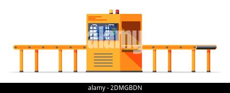 Empty conveyor belt machine isolated on white. Modern factory equipment. Part of warehouse or airport service. Package X-ray baggage. Security, logistic and delivery. Cartoon flat vector illustration Stock Vector