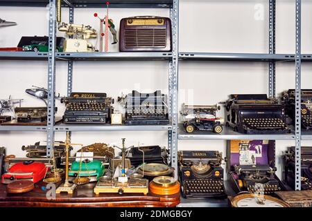 Ankara, Turkey - October, 2020: Vintage typewriters on the shelves of an antique store in Ankara, Turkey. Stock Photo