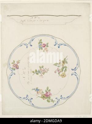 Design for a Painted Porcelain Tray, Brush and watercolor, gouache, pen and brown ink, black chalk on cream laid paper, Slightly scalloped painted porcelain tray in elevation (above) and in plan (below), decorated at quadrants with floral sprays of pink roses, yellow and red parrot tulips, and daisies and one spray at center. Border consists of six blue acanthus leaf scrolls, with gold border at edge. Elevation above is undecorated., France, ca. 1766, ceramics, Drawing Stock Photo