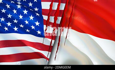 USA and Indonesia flags with scar concept. Waving flag,3D rendering. USA and Indonesia conflict concept. USA Indonesia relations concept. flag of USA Stock Photo