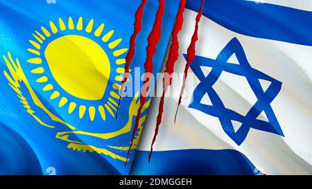 Kazakhstan and Israel flags with scar concept. Waving flag,3D rendering. Kazakhstan and Israel conflict concept. Kazakhstan Israel relations concept. Stock Photo