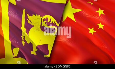 Sri Lanka and China flags. 3D Waving flag design. Sri Lanka China flag, picture, wallpaper. Sri Lanka vs China image,3D rendering. Sri Lanka China rel Stock Photo