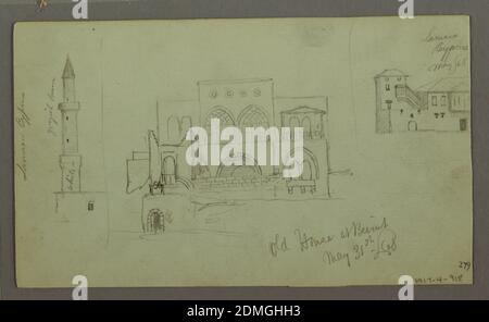 Old House, Beirut, Frederic Edwin Church, American, 1826–1900, Graphite on green-gray paper, Oblique view of a stately mansion; the lower part of the ground floor is not shown. A smaller house with a terrace is in the rear. Caption: “New House in Beyrout/ May/ 68'. Verso: at left: a minaret rising over the upper corner of a building; inscribed: 'white'. Written beside: 'greyish brown'. 'Larnaca Cyprus'. Center: a stately mansion; caption: 'Old House at Beirut/ May 13th/ 68'. Top right: a group of houses built in the corner of the walls of the town. A tower is at left. Written on top : 'Larnaca Stock Photo