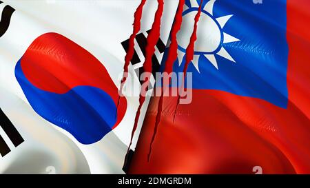 South Korea and Taiwan flags with scar concept. Waving flag,3D rendering. South Korea and Taiwan conflict concept. South Korea Taiwan relations concep Stock Photo