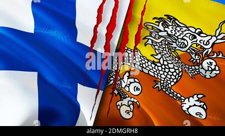 Finland and Bhutan flags with scar concept. Waving flag,3D rendering. Finland and Bhutan conflict concept. Finland Bhutan relations concept. flag of F Stock Photo