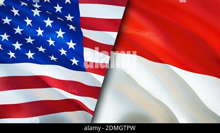 USA and Indonesia flags. 3D Waving flag design. USA Indonesia flag, picture, wallpaper. USA vs Indonesia image,3D rendering. USA Indonesia relations a Stock Photo