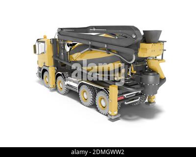 Yellow truck mixer with pump for concrete with conveyor belt isolated 3D rendering on white background with shadow Stock Photo