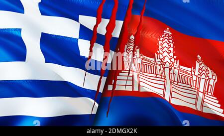 Greece and Cambodia flags with scar concept. Waving flag,3D rendering. Greece and Cambodia conflict concept. Greece Cambodia relations concept. flag o Stock Photo