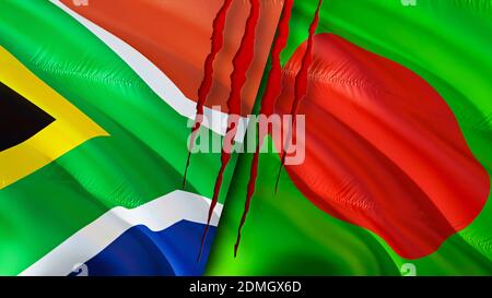 South Africa and Bangladesh flags with scar concept. Waving flag,3D rendering. South Africa and Bangladesh conflict concept. South Africa Bangladesh r Stock Photo