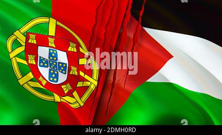 Portugal and Palestine flags with scar concept. Waving flag,3D rendering. Portugal and Palestine conflict concept. Portugal Palestine relations concep Stock Photo