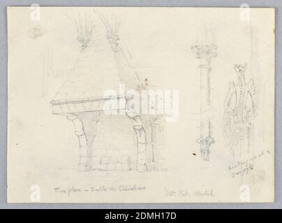 Architectural Details, Arnold William Brunner, American, 1857–1925, Graphite on paper, Left, fireplace in sale de chevaliers; right, a gargoyle., USA, 1883, architecture, Drawing Stock Photo