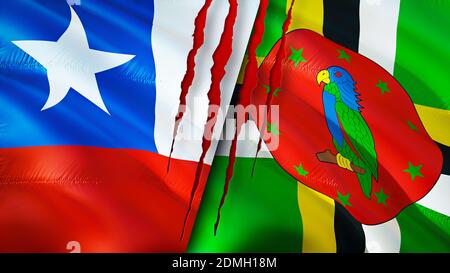 Chile and Dominica flags with scar concept. Waving flag,3D rendering. Chile and Dominica conflict concept. Chile Dominica relations concept. flag of C Stock Photo