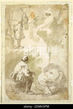 Five Men, Domenico Gargiulo, called Micco Spadaro, Italian, 1609 - 1675, Pen and ink, brush and wash on paper, Upper left, a man wearing short pants bending over a task. At tight, two equestrians, one wearing a brimmed hat. Below, left: a man seated on a rock, facing right. Beside him, a larger kneeling figure, shown foreshortened., Italy, 1630–1640, figures, Drawing Stock Photo