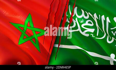 Morocco and Saudi Arabia flags with scar concept. Waving flag,3D rendering. Morocco and Saudi Arabia conflict concept. Morocco Saudi Arabia relations Stock Photo