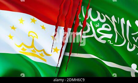 Tajikistan and Saudi Arabia flags with scar concept. Waving flag,3D rendering. Tajikistan and Saudi Arabia conflict concept. Tajikistan Saudi Arabia r Stock Photo