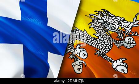 Finland and Bhutan flags. 3D Waving flag design. Finland Bhutan flag, picture, wallpaper. Finland vs Bhutan image,3D rendering. Finland Bhutan relatio Stock Photo