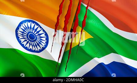 India and South Africa flags with scar concept. Waving flag,3D rendering. India and South Africa conflict concept. India South Africa relations concep Stock Photo