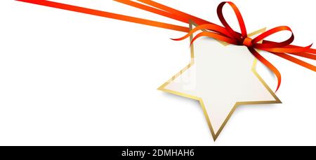 EPS 10 vector illustration of red colored ribbon bow and gift band with shape of a golden star pendant for christmas greetings isolated on white backg Stock Vector