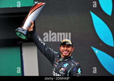 File photo dated 15-11-2020 of Mercedes AMG F1's Lewis Hamilton celebrates on the podium after winning the Turkish Grand Prix to secure his seventh world championship. Stock Photo