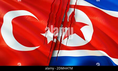 Turkey and North Korea flags with scar concept. Waving flag,3D rendering. Turkey and North Korea conflict concept. Turkey North Korea relations concep Stock Photo