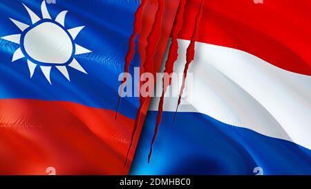 Taiwan and Netherlands flags with scar concept. Waving flag,3D rendering. Taiwan and Netherlands conflict concept. Taiwan Netherlands relations concep Stock Photo