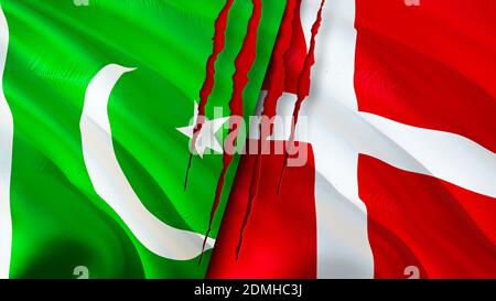 Pakistan and Denmark flags with scar concept. Waving flag,3D rendering. Pakistan and Denmark conflict concept. Pakistan Denmark relations concept. fla Stock Photo