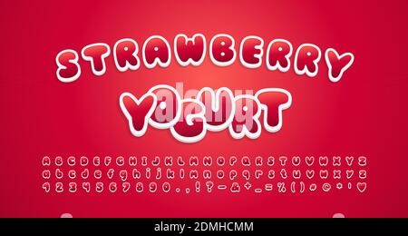 Cute food font. Cartoon alphabet and numbers sweet strawberry color, 3d sticker style. Vector font set. Stock Vector