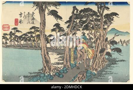 Yoshiwara. Hidari Fuji (Yoshiwara with Mount Fuji), from Tokaido Gojusan Tsugi-na Uchi (Fifty-Three Stations on the Tokaido), Ando Hiroshige, Japanese, 1797–1858, Woodblock print (ukiyo-e) on mulberry paper (washi), ink with color, A horse with three women upon it, led by a man, is seen on a road bordered by pine trees raised above bordering rice fields. Mount Fuji at the left., Japan, 1834, landscapes, Print Stock Photo