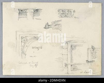 Architectural Details, Arnold William Brunner, American, 1857–1925, Graphite on paper, Archway and details of a doorway at Laval Cathedral, and stone bands, details, at Rouen., USA, 1883, architecture, Drawing Stock Photo