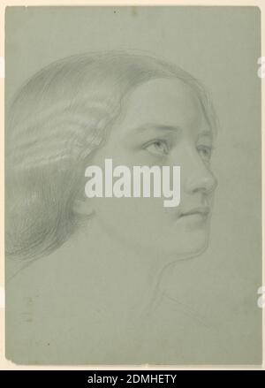 Study of a Woman's Head for 'A Magdalen', Daniel Huntington, American, 1816–1906, Graphite, white chalk, brown pastel crayon on green wove paper, Head of a young woman, turned to the right, gazing upward., USA, 1852, figures, Drawing Stock Photo