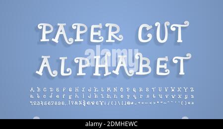 Paper cut alphabet. Flying 3D font, realistic paper cutouts style. Funny cartoon curly letters, numbers, punctuation marks. Vector font set. Stock Vector