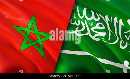 Morocco and Saudi Arabia flags. 3D Waving flag design. Morocco Saudi Arabia flag, picture, wallpaper. Morocco vs Saudi Arabia image,3D rendering. Moro Stock Photo