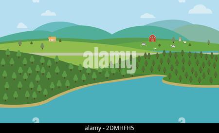 Farm scene in nature with barn and windmill illustration Stock Vector ...