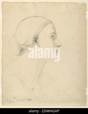 Study of a Woman's Head for 'Sacred Lesson', Daniel Huntington, American, 1816–1906, Graphite on grey wove paper, Woman's head and shoulders, in right profile. Hair in a bun, wrapped in a braid, at the nape of her neck., Florence, Italy, 1843, figures, Drawing Stock Photo