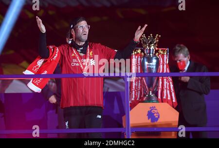 File photo dated 22-07-2020 of Liverpool manager Jurgen Klopp enjoys the post-match celebrations as the team receive the Premier League trophy after the Premier League match at Anfield, Liverpool. Stock Photo